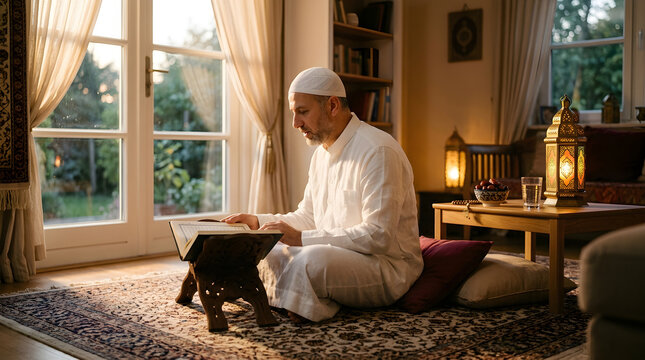 Devout Muslim man reciting holy book near window during Ramadan evening in a cozy living room