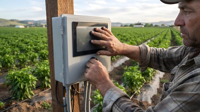 Farmer Checking Digital Irrigation Control Panel Beside Water Efficient Crop Field