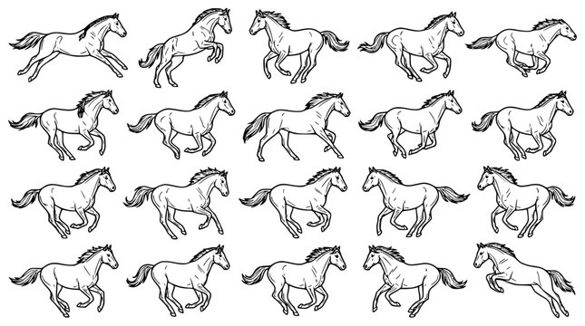 Running Horse Sprite Sheet Animation Sequence Vector Set Featuring Hand Drawn Linear Sketches of Galloping Stallions in Motion for Game Development