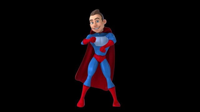 Fun 3D cartoon superhero doing a fit dance (with alpha channel)