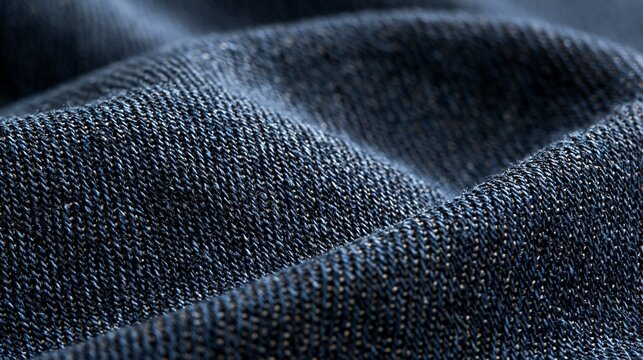 Close-up macro of dark indigo blue denim fabric texture with soft draped folds and woven twill pattern