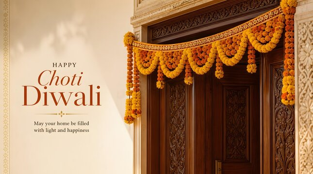 Carved Wooden Entrance Door Decorated with Yellow Marigold Flower Toran Garland Graphic Illustration for Happy Choti Diwali Festival Traditional Greeting Banner Background