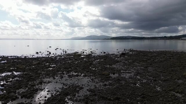 Scenic drone perspective of low tide rocky shoreline and calm sea in Belfast Lough, Northern Ireland