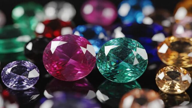 Beautiful collection of sparkling colorful gemstones reflecting on a dark surface, close-up shot