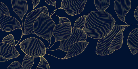 Obraz premium Luxury Art Deco floral pattern with elegant golden line leaves, flowers, palm and tropical botanical elements on dark background. Abstract japanese wallpaper, packaging design, poster, spa branding