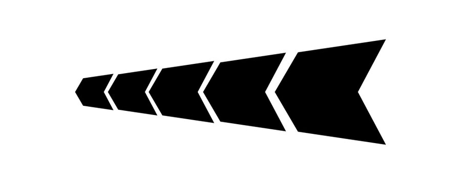 Progressive perspective chevron arrow sequence for forward movement and speed graphic art on transparent background.