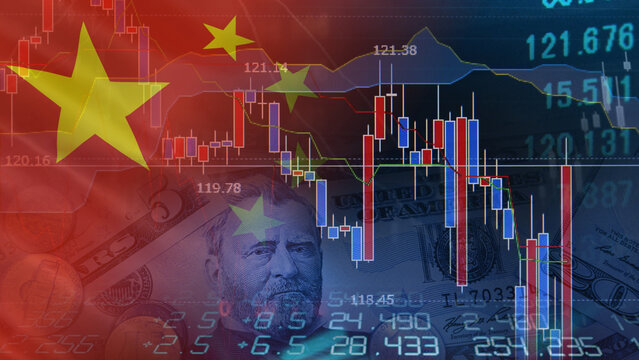 China financial market volatility and macroeconomic fluctuations with the impact of foreign exchange price corrections combined with a fifty dollar bill close-up stock market candlestick charts china