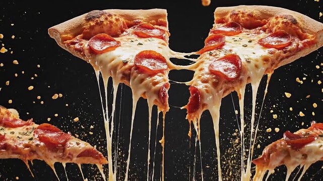 Pepperoni Pizza Slices with Melted Cheese Pull on Dark Background Close Up Food Photography