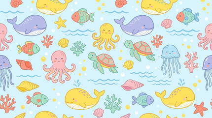 Fototapeta premium Pastel Underwater Animal Seamless Background for Baby Products