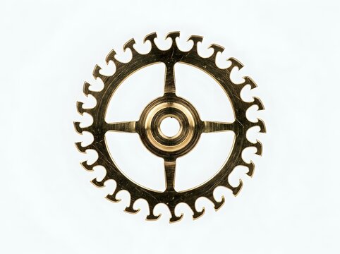 Golden decorative gear wheel with wave shaped teeth, isolated on white, suited