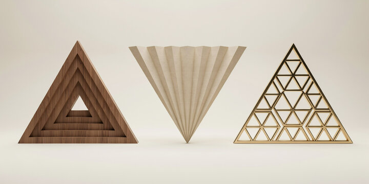 Three geometric triangle wall decor pieces with wood, pleated fabric, and gold metal textures
