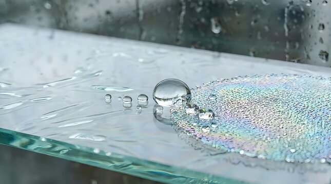 Water droplets create rainbow light refraction on wet glass surface, capturing natural prism effect