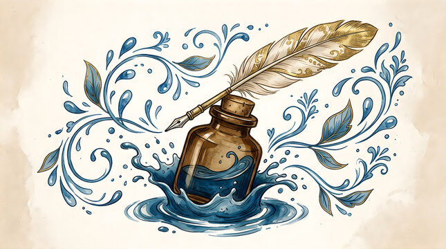 Vintage feather quill pen and ink bottle with floral swirls illustration