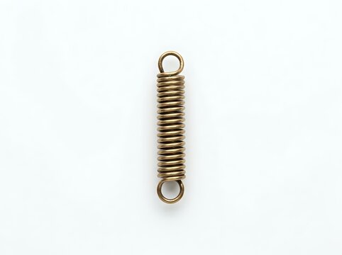 Brass coiled tension spring with loops on both ends, isolated on white background