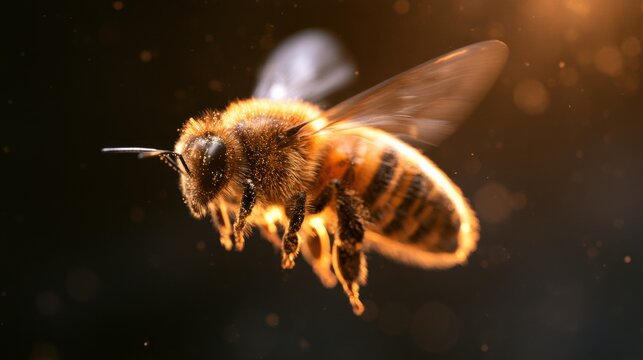 A honeybee flies in a dynamic trajectory with blurred wings suggesting quick movement. Pollen is visible on its body hairs.