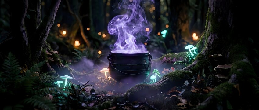 Magical cauldron with glowing purple smoke in enchanted forest surrounded by mystical lights and ancient trees