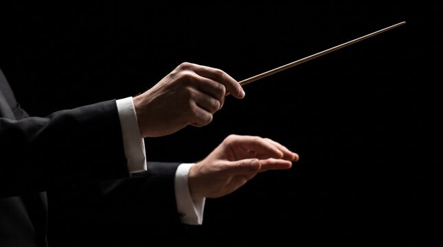 Conductor hands holding a wooden baton while directing an orchestra against a dark black background with suit