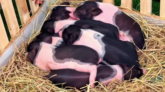 Little newborn piglets lie sleeping in straw wooden enclosure on farm. Tiny baby pigs nestle together on dry hay bedding. Sweet rural livestock breeding concept.