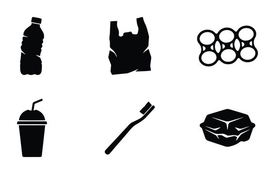 Plastic Waste Icons: Bottle, Bag, Six Pack Holder, Cup, Toothbrush, Food Container