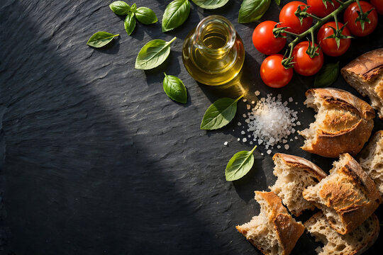 Overhead composition of fresh Mediterranean ingredients with olive oil basil tomatoes and rustic bread on dark slate