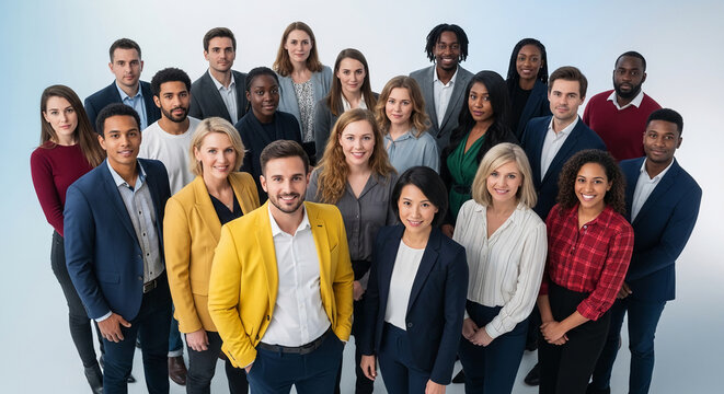 Diverse group of professionals in business attire, showcasing unity and teamwork, representing a dynamic corporate environment