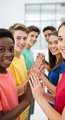 Obraz premium Diverse group of smiling teenagers with hands stacked, symbolizing unity, teamwork, and friendship, perfect for youth or community concepts