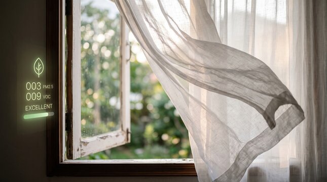 an open window with blowing curtains and a digital air quality monitor showing excellent status.