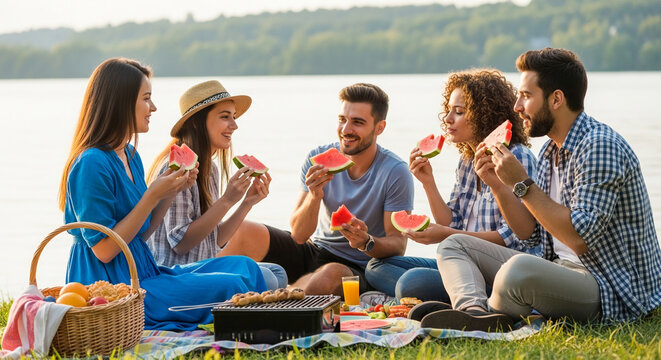 Group of friends enjoying a summer picnic by a lake, sharing watermelon and food, symbolizing friendship, relaxation, and outdoor leisure.