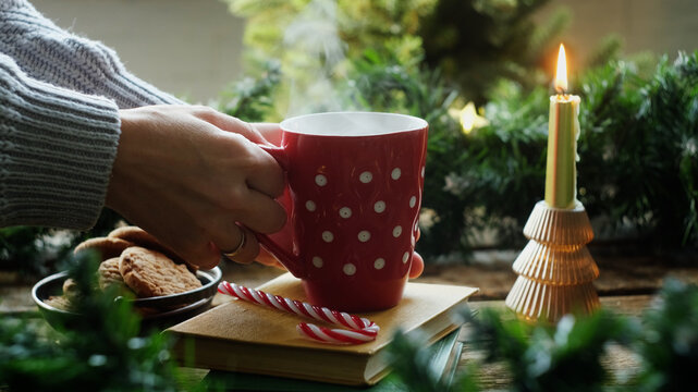 Woman drinking hot tea or coffee, Christmas decorations on background. Cozy winter season.