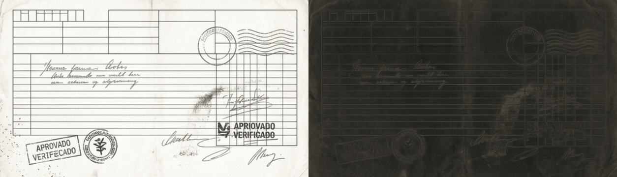Vintage post office mail envelope texture, aged paper background with postal stamps and handwritten signatures. Retro parcel document with grid lines for branding, design projects and historical