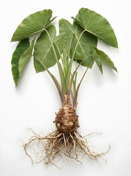 Single Taro Plant with Large Heart Shaped Green Leaves Brown Corm and Fibrous Roots Isolated on White