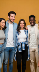 Obraz premium Group of young, happy people posing together, representing friendship, unity, and joy against a plain orange background, ideal for lifestyle and social themes.