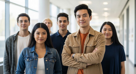 Obraz premium Diverse group of young people posing in a modern hallway, representing collaboration, community, and a forward-thinking approach, ideal for business or education themes
