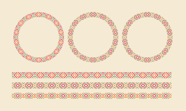 Set soft color folk mexican aztec tribe circle border pattern seamless vector collection