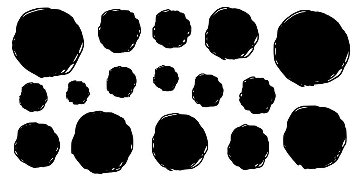 Set of grunge round elements, isolated on white background, handmade rough patches, vector design