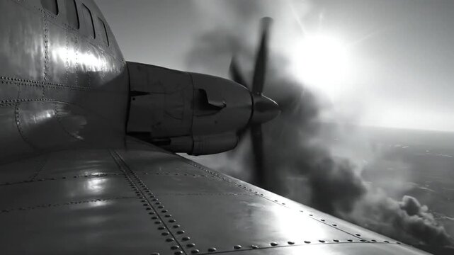 Black and white view of a propeller airplane wing and engine flying through the clouds during the day