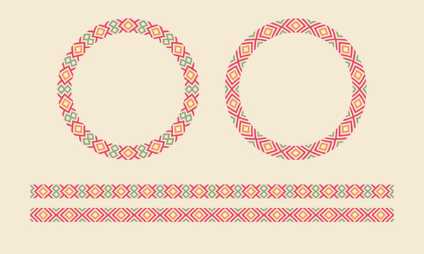 Colorful folk mexican aztec tribe circle border pattern seamless vector collection