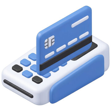 3d e commerce icons showing blue payment card beside compact card reader