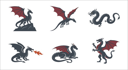Fototapeta premium Six depictions of a dragon in various poses showcase a vector illustration style wyvern reptile mythical creature fantasy monster