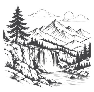 Mountain landscape with a waterfall, black-and-white vector drawing.
