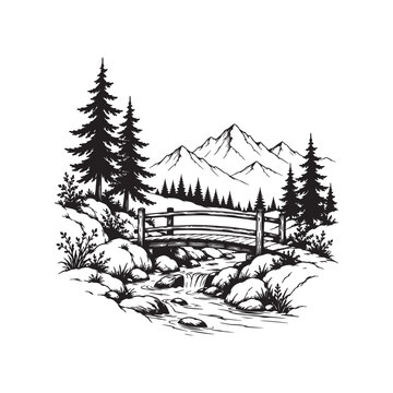 Mountain landscape with a river and a bridge vector sketch