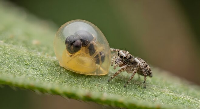 Extreme macro close-up of a shield bug egg parasitized by a tiny spider with a translucent shell showing a developing wasp inside.