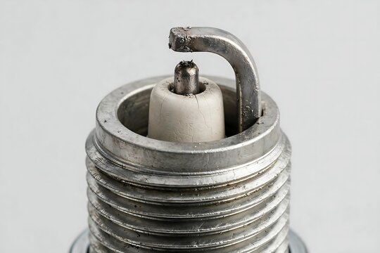 Close-up macro photography of a used internal combustion engine spark plug showing metal electrode and ceramic insulator detail