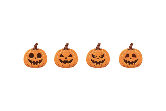 Halloween jack o lantern pumpkins set with scary faces in flat 2D style. Vector illustration for spooky holiday celebration elements.