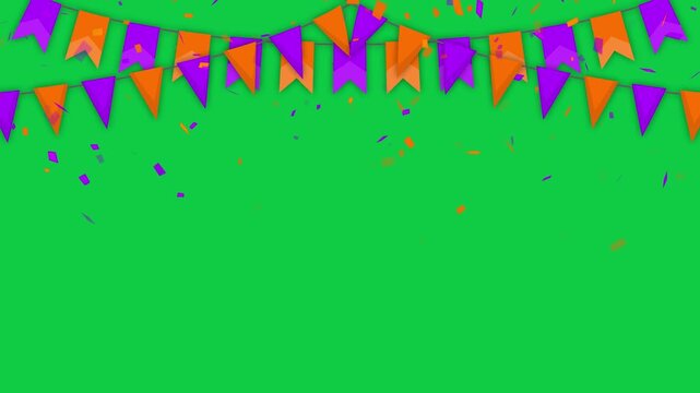 Orange and Purple Bunting Flags with Falling Confetti green screen animation, chroma key Halloween Party celebration isolated motion design element