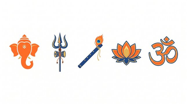 Hinduism vector icons set Lord Ganesha Shiva trishul Krishna flute lotus Om symbol