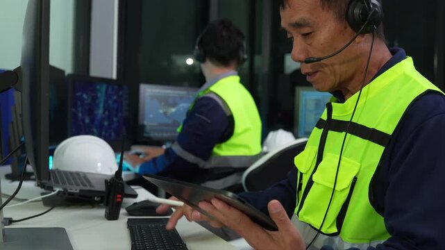 logistics operator team using GPS radar and real-time fleet management dashboard on computer.