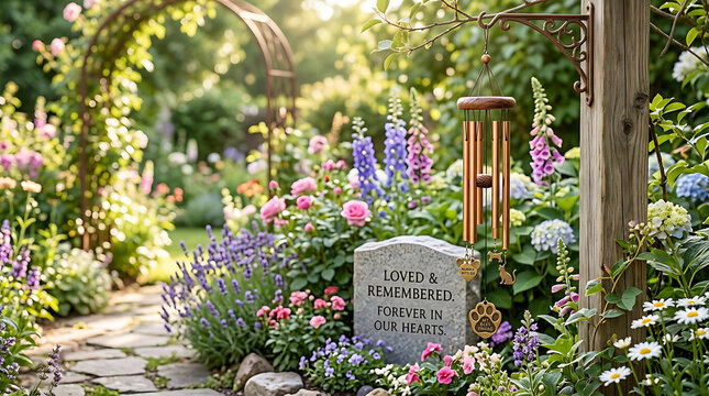 Pet memorial stone and wind chimes in a tranquil blooming flower garden