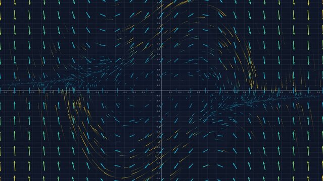 Mathematical Vector Field of Van der Pol Oscillator on Dark Blue Coordinate Grid, Abstract Dynamic Streamlines and Differential Equations for Science and Tech Visualization