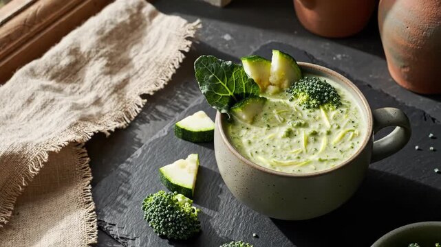 Velvety broccoli zucchini and kale smoothie served in a ceramic mug on dark slate with linen textile, fresh vegetable pieces and soft window light creating a cozy savory green drink still life